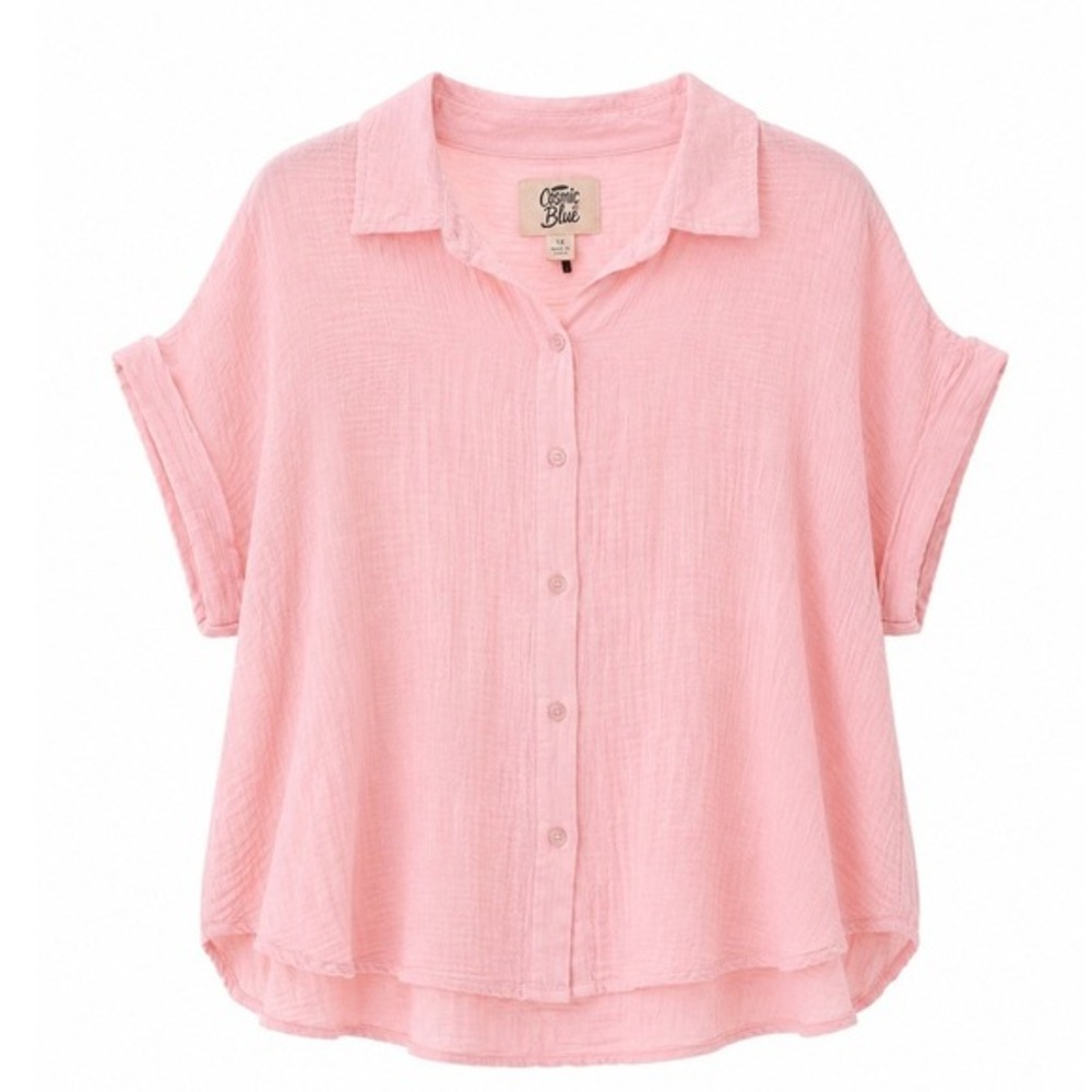 Cosmic Blue Love Seashell Pink Double Gauze Button Down Shirt XXL NWT - Picture 2 of 9